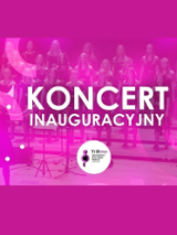 Concert poster in pink and white colours - the title of the event and a photo of a choir as a background.