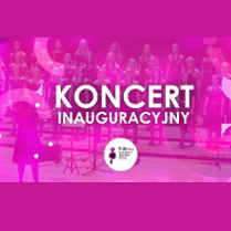 Concert poster in pink and white colours - the title of the event and a photo of a choir as a background.