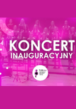 Concert poster in pink and white colours - the title of the event and a photo of a choir as a background.