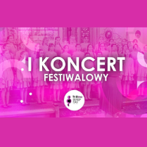 Concert poster in pink and white colours - the title of the event and a photo of a choir as a background.