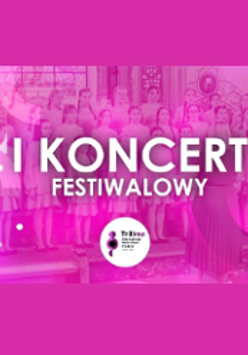 Concert poster in pink and white colours - the title of the event and a photo of a choir as a background.