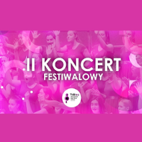 Concert poster in pink and white colours - the title of the event and a photo of a choir as a background.