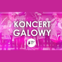 Concert poster in pink and white colours - the title of the event and a photo of a choir as a background.