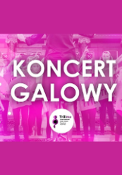Concert poster in pink and white colours - the title of the event and a photo of a choir as a background.