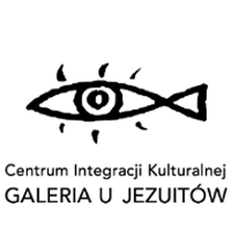 Black and white gallery's logo: picture of a fish with an eye inside it.