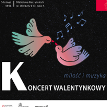 Concert poster: two pigeons touching each other with their beaks.