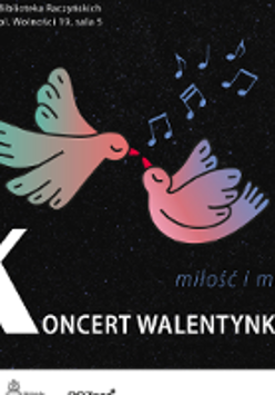 Concert poster: two pigeons touching each other with their beaks.