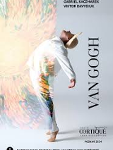 A photo of a man in white shirt and straw hat in dancing pose with his back bent backwards on gray background. Half of the photo is overlaid with translucent painting of sun. On the side information about the performance in a black font.