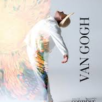 A photo of a man in white shirt and straw hat in dancing pose with his back bent backwards on gray background. Half of the photo is overlaid with translucent painting of sun. On the side information about the performance in a black font.