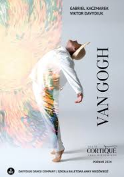 A photo of a man in white shirt and straw hat in dancing pose with his back bent backwards on gray background. Half of the photo is overlaid with translucent painting of sun. On the side information about the performance in a black font.
