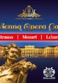 Poster of Vienna Opera Gala: gold lettering on blue background, white lettering on red stripe, golden sculpture of a man in the foreground, golden buldings in the background