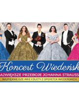 Concert poster: women in ballgowns and men in tail-coats. Under the picture of performers information about the event.