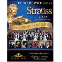 Poster advertising the concert with big golden statue of Johann Strauss and photo of the orchestra