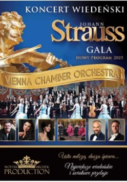 Poster advertising the concert with big golden statue of Johann Strauss and photo of the orchestra