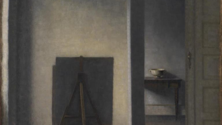 One of the artist's works: picture of a dark room. On the foreground the easel and a picture on the wall, on the right side - open door to te next room. In the background - the interior of another room with a small table and a vessel on it.
