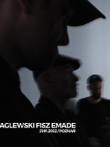 Event poster - black silhouettes of three men on a grey background