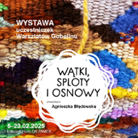 Title and information about exhibition on the background of the photo of fabric with multi-colored, multi-shaped spots and various textures