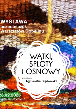 Title and information about exhibition on the background of the photo of fabric with multi-colored, multi-shaped spots and various textures