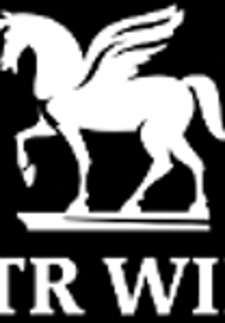 White Pegasus on a black background, white lettering at the bottom of the picture