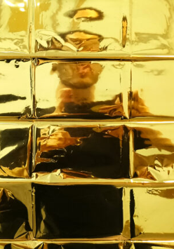 Photo of a person standing behind yellow, glass wall.