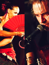 Photo divided into two: on the lef - photo of Angelika Bobkowska with a red hand fan, on the right - Witek Łukaszewski singing to a microphone