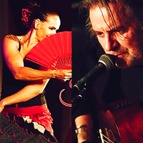 Photo divided into two: on the lef - photo of Angelika Bobkowska with a red hand fan, on the right - Witek Łukaszewski singing to a microphone
