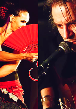 Photo divided into two: on the lef - photo of Angelika Bobkowska with a red hand fan, on the right - Witek Łukaszewski singing to a microphone
