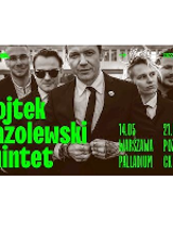 Black and white photo of the quintet members and information about the concert