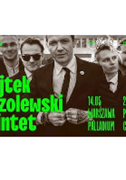 Black and white photo of the quintet members and information about the concert