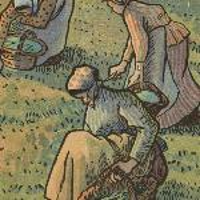 Three women weeding the grass. They hold small knives and baskets in their hands.