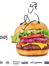 Realistyczny burger. Na nim siedzi rysunkowa postać. Wokół napisy na białym tle. Partnerzy wydarzenia. Szczegółowe informacje zawarte w treści artykułu.