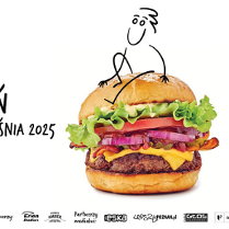 Realistyczny burger. Na nim siedzi rysunkowa postać. Wokół napisy na białym tle. Partnerzy wydarzenia. Szczegółowe informacje zawarte w treści artykułu.