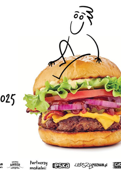 Realistyczny burger. Na nim siedzi rysunkowa postać. Wokół napisy na białym tle. Partnerzy wydarzenia. Szczegółowe informacje zawarte w treści artykułu.