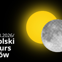 Grafika informacyjna na czarnym tle zapowiadająca 11. Polski Konkurs Duetów w dniach 27-29.03.2026 r. Obok tekstu widnieje ilustracja przypominająca zaćmienie - żółte koło częściowo przysłonięte przez biało-czarną kulę o kropkowanej teksturze.