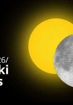 Grafika informacyjna na czarnym tle zapowiadająca 11. Polski Konkurs Duetów w dniach 27-29.03.2026 r. Obok tekstu widnieje ilustracja przypominająca zaćmienie - żółte koło częściowo przysłonięte przez biało-czarną kulę o kropkowanej teksturze.