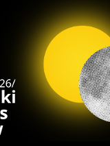 Grafika informacyjna na czarnym tle zapowiadająca 11. Polski Konkurs Duetów w dniach 27-29.03.2026 r. Obok tekstu widnieje ilustracja przypominająca zaćmienie - żółte koło częściowo przysłonięte przez biało-czarną kulę o kropkowanej teksturze.