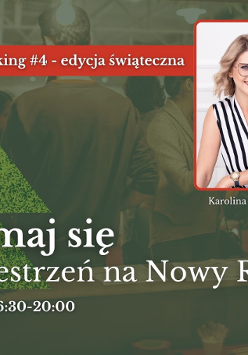 Grafika na #4 networking - edycja świąteczna. Zatrzymaj się. Zrób przestrzeń na Nowy Rok. W tle ludzie rozmawiają. Na grafice jest też zieloma choinka i czerwona kokarda
