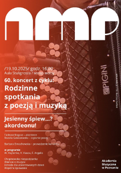 Plakat, który reklamuje 60. koncert z cyklu: Rodzinne spotkania z poezją i muzyką. W tle zbliżenie na akoredeon, na nim napisy informujące o wydarzeniu.