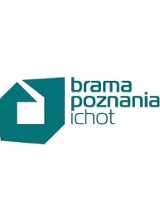 Po lewej stronie widnieje geometryczny sygnet przypominający zarys nowoczesnego budynku, a po prawej napis "brama poznania ichot" zapisany prostą, bezszeryfową czcionką. Układ graficzny jest czysty i minimalistyczny.