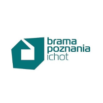 Po lewej stronie widnieje geometryczny sygnet przypominający zarys nowoczesnego budynku, a po prawej napis "brama poznania ichot" zapisany prostą, bezszeryfową czcionką. Układ graficzny jest czysty i minimalistyczny.