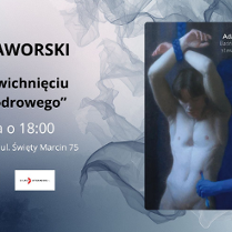 Plakat wydarzenia z Adamem Jaworskim - promocja "Baśni o zwichnięciu stawu biodrowego", 29 marca o 18:00 w Poznaniu, z artystyczną ilustracją postaci.