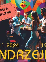Zdjęcie przedstawia ulotkę zapowiadającą imprezę taneczną o nazwie "Andrzejki", która odbędzie się 28 listopada 2024 roku o godzinie 19:00. Ulotka ma kolorowe tło z grupą czterech osób tańczących w barze. W lewym górnym rogu znajduje się czerwony bilet z napisem "Impreza Taneczna". Słowo "Andrzejki" napisane jest dużymi żółtymi literami u dołu ulotki.
