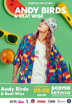 Artysta na zielonym tle, za nim żółte okulary słoneczne, kawałek arbuza, drink z kawałkiem pomarańczy i czereśnią, żółty mikrofon.