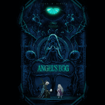 Plakat filmu Angel's egg - męska postać z białym jajkiem w dłoni klęczy przed małą dziewczynką, w tle widoczne wykrzywione rzeźby przypominające wnętrze ciemnej świątyni.