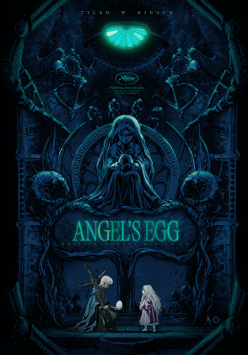 Plakat filmu Angel's egg - męska postać z białym jajkiem w dłoni klęczy przed małą dziewczynką, w tle widoczne wykrzywione rzeźby przypominające wnętrze ciemnej świątyni.