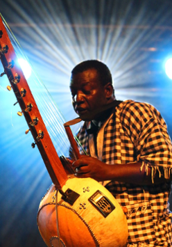 Mężczyzna w koszuli w kratę grający na korze - instrument przypomina gitarę. Za nim światła sceniczne.