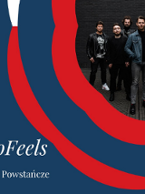 Plakat promujący koncert zespołu AudioFeels w Miasteczku Powstańczym 15 grudnia. W prawym górnym narożniku zdjęcie zespołu, granatowe tło, czerwono-białe wstęgi.