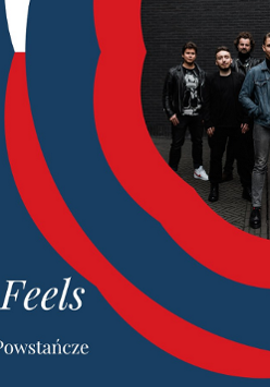 Plakat promujący koncert zespołu AudioFeels w Miasteczku Powstańczym 15 grudnia. W prawym górnym narożniku zdjęcie zespołu, granatowe tło, czerwono-białe wstęgi.