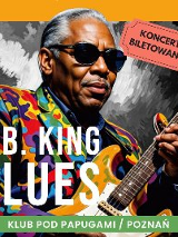 Plakat, który promuje koncert B.B. Blues. Grafika muzyka z gitarą oraz napisy, które informują o wydarzeniu.