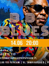 Grafika artysty w ciemnych okularach i kolorowej koszuli, na niej stylizoawny napis B.B. Blues